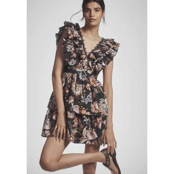 Anthropologie NWT Sleeveless Floral Ruffle A-Line Cotton Mini Dress Size XL - Picture 1 of 9